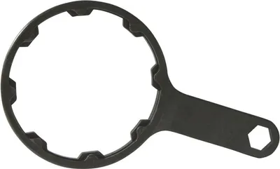 A black metal filter wrench with a hexagonal end is shown against a white background.