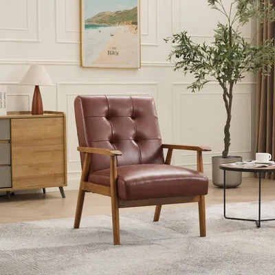 Immagine prodotto di Sedia da ufficio MODFU con schienale, poltrona relax in legno di gomma, poltrona imbottita con braccioli, dimensioni 64x80x83 cm, colore marrone