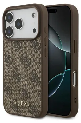 A brown phone case with a repeating Guess logo pattern and the Guess brand name is shown on a white background, with a portion of a smartphone visible.