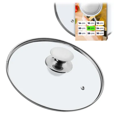 A close-up of a glass pot lid with a size chart overlay.