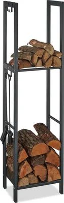Obrázek produktu pro Relaxdays Stojan na dřevo se 2 policemi, z oceli, 4 háčky na krbové náčiní, stojan na dřevo HBT 150x40x30 cm, antracit