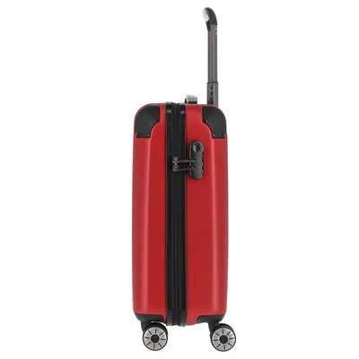 A red trolley suitcase with a black handle and wheels, shown from the side.