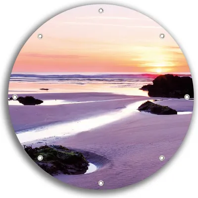 Produktbild von Wallario rundes Outdoor-Poster für Garten oder Balkon, Motiv Sonnenuntergang am einsamen Strand, 30 cm Durchmesser