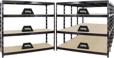 Produktbild von Mega Deal | 5x Profi Schwerlastregal Rhino | HxBxT 180x200x60cm | 4 Spanplatten-Ebenen 8mm | Fachlast 500kg | Schwarz