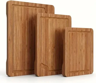 Image de Planche à découper 3 pièces en bambou Premium - Bois massif avec rainure et poignées encastrées