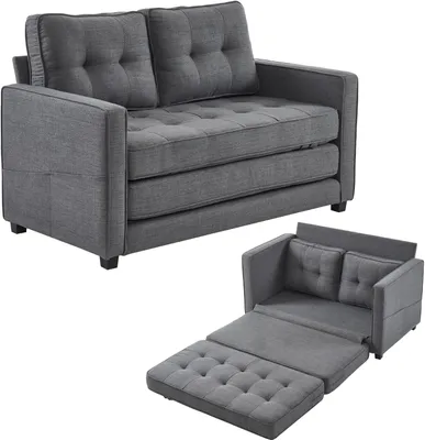 A gray sofa bed is shown in two configurations: as a sofa and as a bed. The sofa is a two-seater with tufted cushions. The bed configuration shows the mattress extended.
