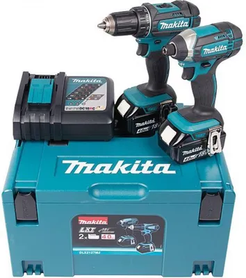 A set of Makita power tools including two drills, a battery charger, and a storage case, displayed on a white background.