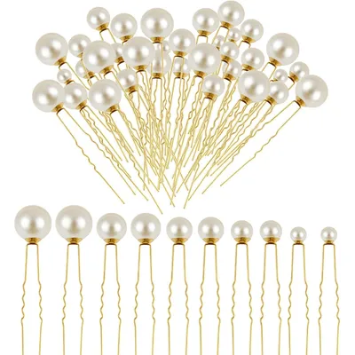 Immagine prodotto di Perline per capelli da sposa, confezione da 36 pezzi - Accessori per capelli a forma di U per sposa e damigelle - Fermagli per capelli con perline - Diverse dimensioni - Oro