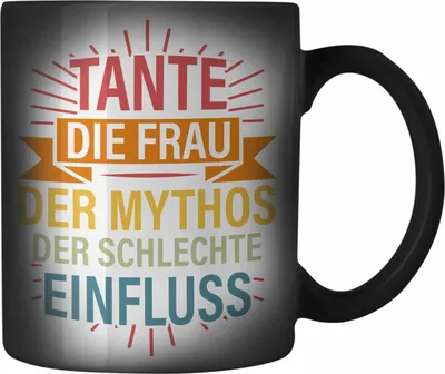 Produktbild von Trendation - Tante Frau Mythos Schlechter Einfluss Geschenk Farbwechsel Zauber-Tasse Geschenkidee Beste Tante Karabiner Farbwechsel Zauber-Tasse Edelstahl Geschenk Lustig (Schwarz)