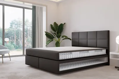 A cutaway view of a black boxspring bed with a mattress showing its internal springs, placed in a modern bedroom with a large window and a plant.