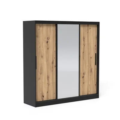 Produktbild von Schwebetürenschrank Kleiderschrank VELLO 200 cm mit Spiegel Schwarz Eiche Artisan 3-türig Schrank