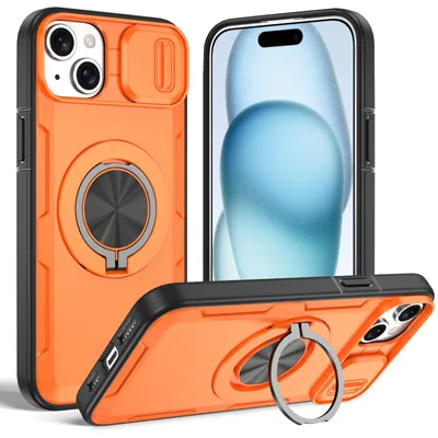 Obrázek produktu pro Magnetické pouzdro pro iPhone 15, ochranné pouzdro s ochranou fotoaparátu a kroužkovým stojánkem Oranžová