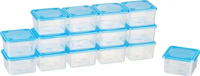 A stack of clear plastic food storage containers with blue lids, arranged in rows, with one container off to the side.