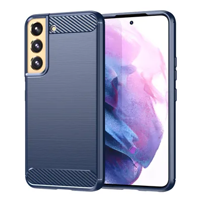 A blue carbon fiber phone case is shown next to a smartphone.