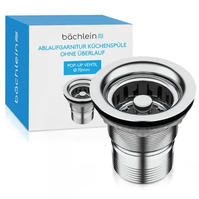 A product shot of a sink drain assembly and its packaging.