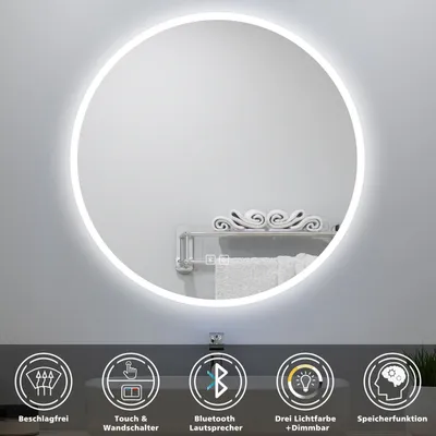 Produktbild von AICA Runder LED Badspiegel 70cm Badezimmerspiegel mit Touchschalter Anti-Beschlag Bluetooth 3 Lichfarbe Dimmbar Memory-Funktion IP44
