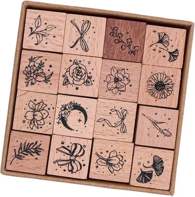 Productafbeelding van Stempelset, hout, 16-delig, met planten- en sterrenmotieven, voor creatieve knutselprojecten