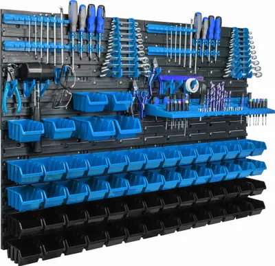 Immagine prodotto di Pannello porta attrezzi da appendere 115x78cm con 62 pezzi. Scatole blu montate a parete con set di supporti in plastica