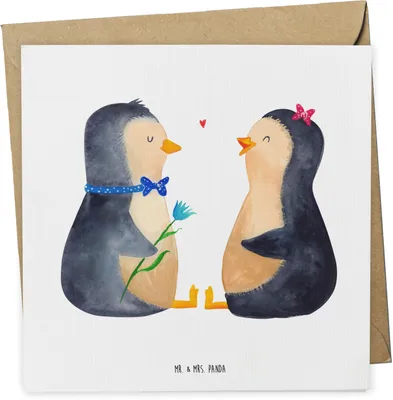 Produktbild von Mr. & Mrs. Panda Grußkarte Pinguin Pärchen - Weiß - Geschenk, doppelkarte, Liebe, Klappkarte, Glückwunschkarte, faltkarte, Hochzeit, Verknallt, Hochzeitsgeschenk