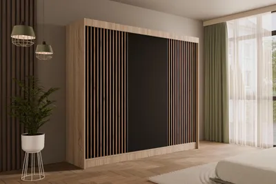 Produktbild von ALTDECOR Kleiderschrank mit Lamel-Schiebetüren, kugelgelagerte Führungsschienen und Aluminium-Leisten - VILANv2 - 250 cm Sonoma Eiche + Lamelle Eiche Wotan