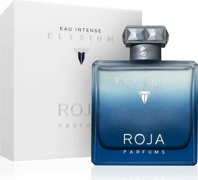 A bottle of Roja Parfums Elysium Eau Intense perfume and its packaging are displayed against a white background.