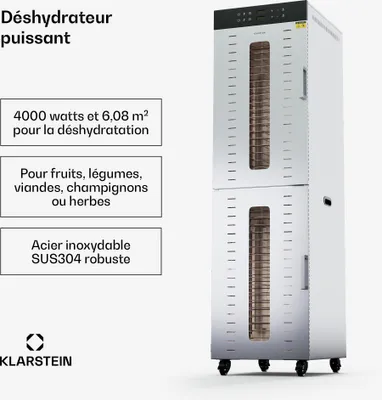 Image de Klarstein Déshydrateur Alimentaire – 4000W Professionnel, 40 Plateaux Inox, 30-90°C, Minuterie 24h, 6 Ventilateurs, 2 Chambres Séparées, 50-55 dB, Fruits & Légumes, Argent