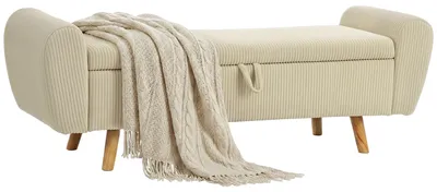 Image de Banc de rangement - Banc rembourré pour salon - Aspect velours - Espace de rangement - Pieds en bois - 150 x 45 x 51 cm - Beige