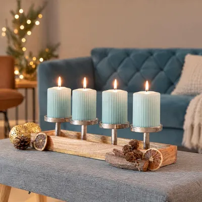 Produktbild von Adventskranz Holz Advent Kerzenhalter länglich modern Kerzenständer 4 Stumpenkerzen Adventskranz Weihnachtsdeko