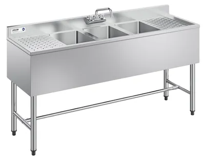 Immagine prodotto di VEVOR Lavello con 3 vasche, 2 sgocciolatoi e paraspruzzi, lavello da cucina (1524 x 470 x 838 mm), lavello da cucina per ristoranti, furgoni ristorante, uso privato, lavello in acciaio inossidabile con rubinetto