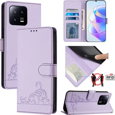 Produktbild von Leder Hülle für Xiaomi 13 Süße Katze Flip Case Brieftasche Schutzhülle mit Standfunktion Lila