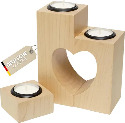 Immagine prodotto di Portacandele in legno a cuore Plogis - Set di 3 portacandele decorativi, decorazione a cuore e candele romantiche