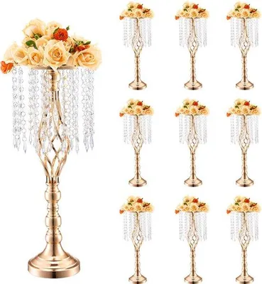 Produktbild von Kristallglas-Blumenstandarte für Hochzeit, 55 cm hoch, goldene Metallvasen als Dekoration, 10 Stück