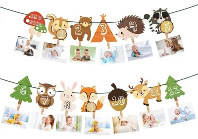 Produktbild von Fotogirlande 1. Geburtstag Tiere 12 Monate Baby Meilenstein Party Dekoration
