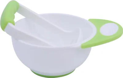 Productafbeelding van Mix- en serveerkom, extra accessoire: handvat voor het fijnhakken van voedsel, geschikt voor babyvoeding. Groen en wit