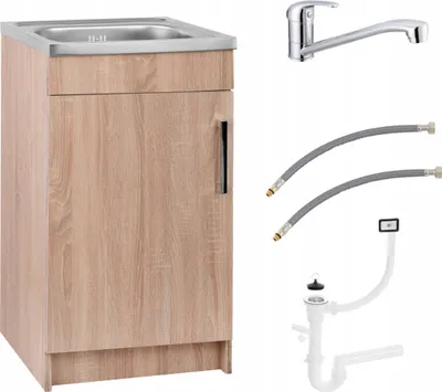 A kitchen sink cabinet with a faucet, hoses, and a siphon.