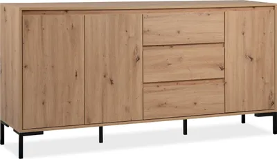 A wooden sideboard with black legs against a white background.