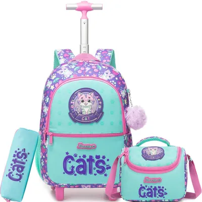 Produktbild von Schulranzen Trolley Set Mädchen Katze Ergonomisch mit Rollen für Grundschule