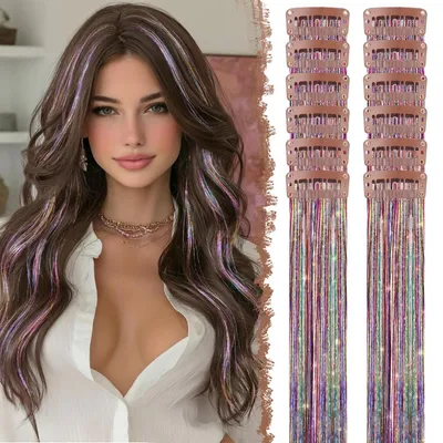 Immagine prodotto di Fili scintillanti per capelli, 12 pezzi, lunghezza 50 cm, colorati e glitterati