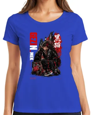 Zdjęcie produktu dla Koszulka damska GEZI URBAN, motyw anime, czarna kotka, styl Y2K, japojska moda uliczna, dla fanek anime, kolor niebieski, rozmiar S