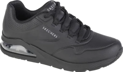 A black Skechers sneaker is shown from a side angle against a white background.