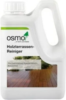 A white plastic bottle of Osmo Holzterrassen-Reiniger, a wood terrace cleaner concentrate, with a label showing the brand logo and a picture of a clean wooden deck.
