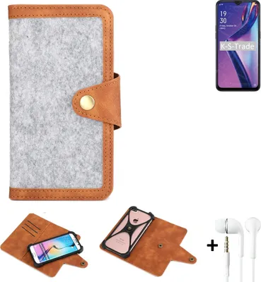Produktbild von K-S-Trade Handyhülle + Kopfhörer kompatibel mit Oppo A12 Schutzhülle Filz Hülle Kunstleder hellgrau braun (1x)