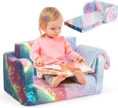 Image de COSTWAY Canapé pour enfants avec couverture, canapé/lit pliant 2 en 1 pour jeunes enfants, fauteuil en mousse qui brille dans le noir, idée de cadeau à partir de 3 ans