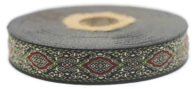 Produktbild von Jacquard-Webband – Gewebt in Bordeaux und Grün – 10 Meter x 18 mm
