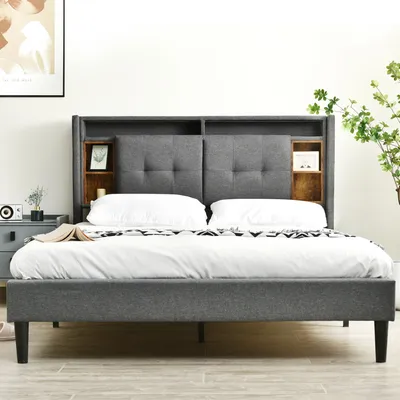 Produktbild von okwish Bett 140x200 cm – Bett mit Stauraum – Polsterbett, Doppelbett – mit Lattenrost, Bettkasten, USB-Aufladung und LED-Beleuchtung grau (Matratze nicht im Lieferumfang enthalten)