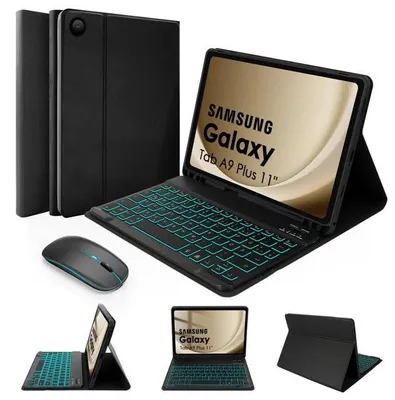 Produktbild von Tastaturhülle mit für Galaxy 11 A9 2023 2025 Kabellose Bluetooth Tastatur Hülle Schutzhülle Tab A9 Plus A11 Plus Schwarz Beleuchtet + Maus