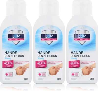 Produktbild von Impresan Hände Desinfektion flüssig 150ml - Ideal für unterwegs (3er Pack)