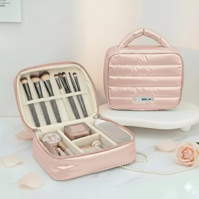Produktbild von Kivea Kosmetiktasche mit Verstellbaren Trennwänden– Make-up Organizer Wasserdicht & Robust Kulturtasche mit Henkel für Reisen, 24,5x9x19cm Rosa