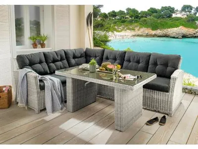 Produktbild von Gartenmöbelset Loungeset Destiny Riviera 6-Sitzer 3 tlg. weiß aus Aluminium, Polyrattan und Glas, inkl. Auflagen