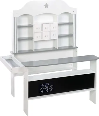 A white and gray toy candy store playset with shelves, drawers, and a chalkboard.